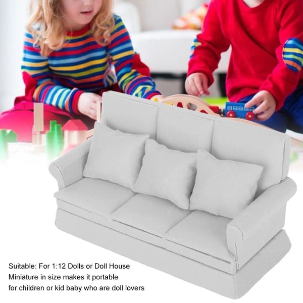 1:12 Dukkehus Mini Sofa med 3 stk. Pude Stue Møbler Træ Dukkehus Dekoration Tilbehør Grå