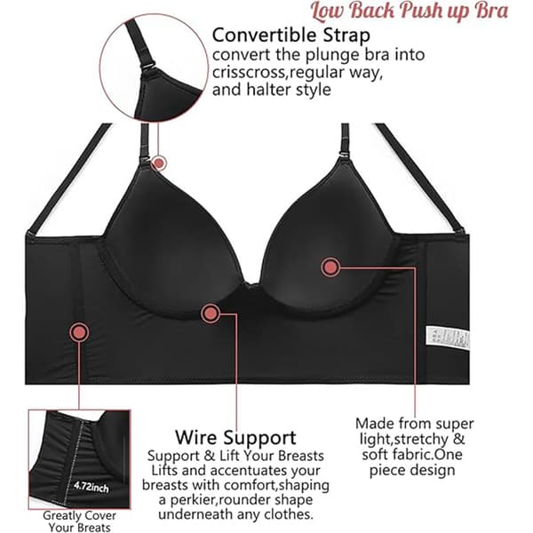 【03】Low Back Bra for Women Push Up Deep V-Neck Backless Bra Black Black S