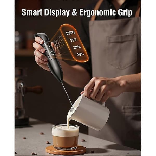 Elektrisk mælkeskummer håndholdt: Kaffeskummer genopladelig 3-i-1 - LED-display til Latte, Cappuccino Lys Sort Musta