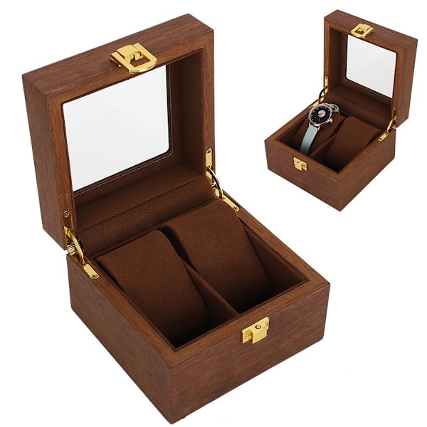 Klocklåda i trä 2 Fack Clamshell Klockförvaringsbox Organizer Svart Valnötsfärg