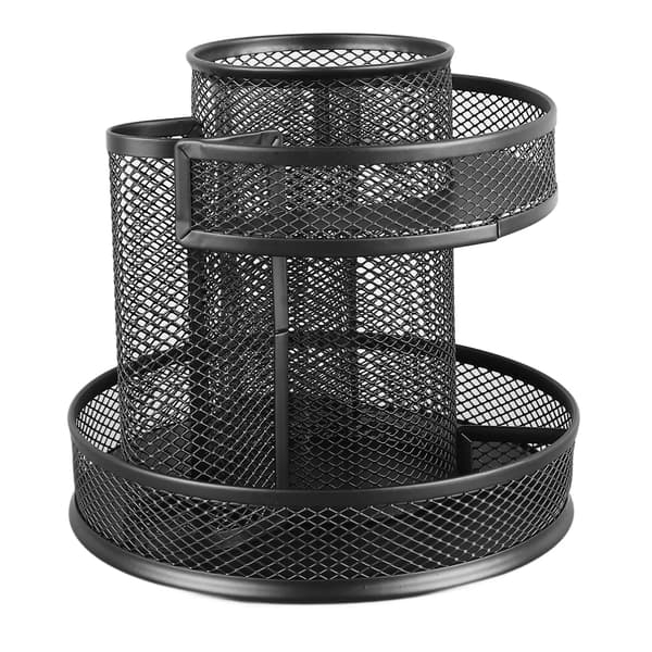【03】Rotating Pen Holder Black Mesh 7 Compartments Strong Metal Rotating Desk Organizer for Home Office Dorm