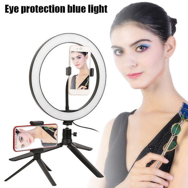 26 cm/10 tommer Ring Light LED Live Lampe Fyldlys Dæmpbar USB-port 2800K‑7000K med Bordstativ Telefonclipsæt
