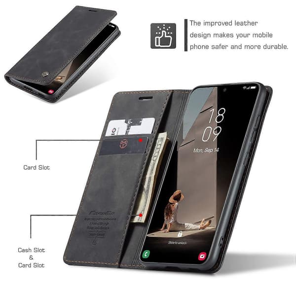 【03】CASEME 013 Series Samsung Galaxy S21 FE Wallet Case Stand Automatic Suction PU Leather Case Black Black Black