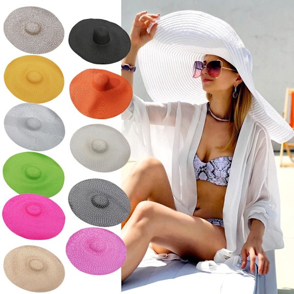 Oversized Strandhatte til Kvinder, Floppy Solhat i Strå, Bredskygget Strandhat i Strå til Kvinder, Pakbar Solbeskyttelseshue til Stranden