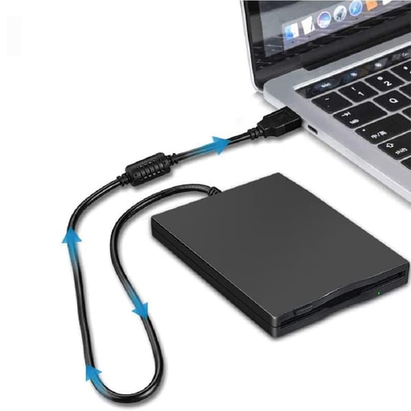 Bärbar diskettenhet, kompatibel med 1,44 MB disketter för läsning och skrivning av data. Extern USB-diskettenhet