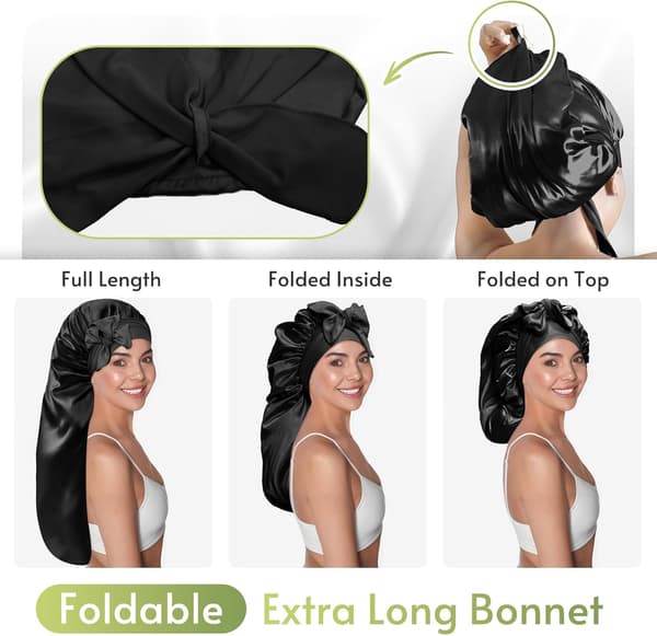 【03】Ekstra lang sovehætte i satin, velegnet til langt krøllet hår, fletninger, sort Black