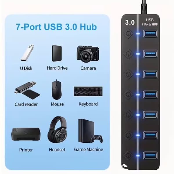 USB-hub 3.0 med 7 portar och LED-strömbrytare & förlängningskabel för MacBook, Mac Pro, Mac Mini, iMac, Surface Pro, XPS, PC