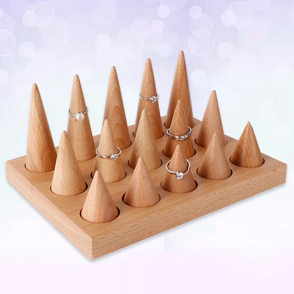 Træ 15 Fingre Display Ring Holder Showcase Stand Smykker Ringe Organizer