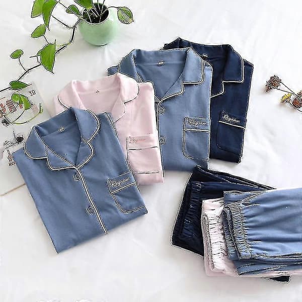 Japansk ny efterårs- og vinterpyjamas i ren bomuld til par, forår Male dark blue L