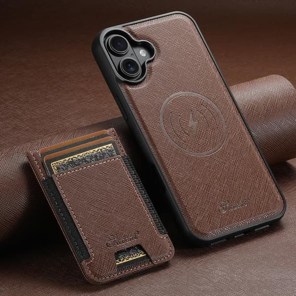 【03】iPhone 17 -kotelo - Ristikkäisnahka MagSafella ja irrotettavalla lompakolla Brun