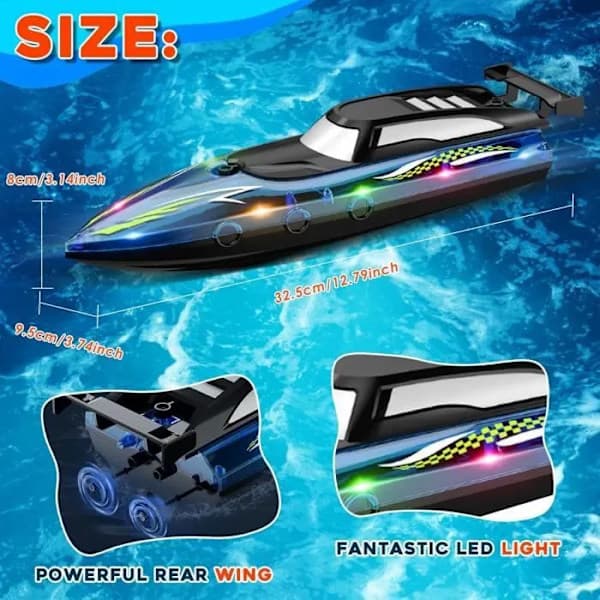 【03】Fjernstyret båd, 2,4 GHz RC højhastighedsracerbåd med LED-lys, til børn og voksne, pool, sø, flod, blå