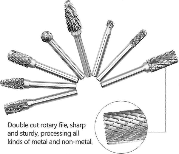 Roterende file, 8 stk. dobbeltklippede wolframroterende file i solid hårdmetalstål, sæt med 6 mm skaft til elektrisk boremaskine