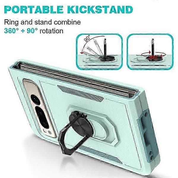 Google Pixel Fold stødsikkert cover med ringstativ - PC+TPU hybrid beskyttelsescover LightGreen