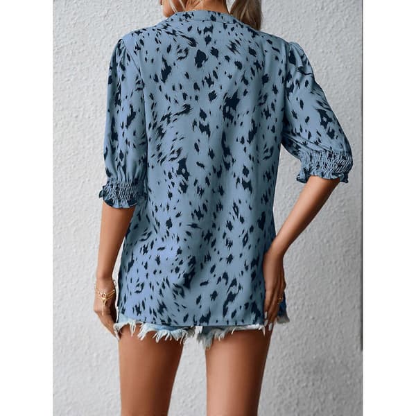 Leopardmønstrede Rundhalsede Bluser Dame Løs Pasform Halværmet Puffærmet Sommertop Blå M Blue M