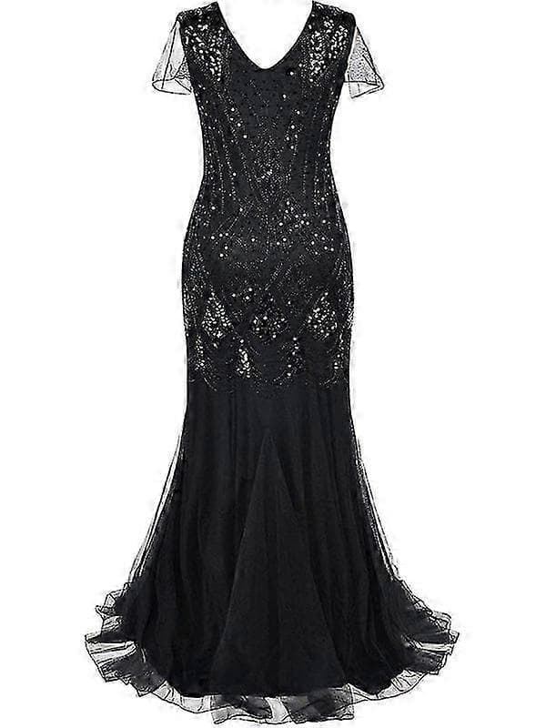 Dame Vintage Pailletter Flæset Lang Gatsby Flapper Kjole Black M