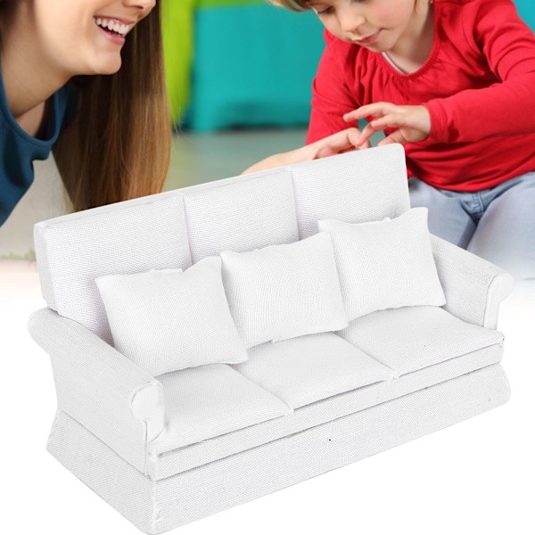 1:12 Dockhus Mini Soffa med 3st Kuddar Vardagsrumsmöbler Trä Dockhus Dekorations Tillbehör Vit