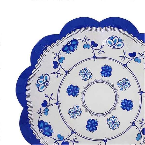 12 st kinesiska blomformade tårtfat dekorativa blå och vita porslinsdesign papperstallrikar för aptitretare bröllopsfest