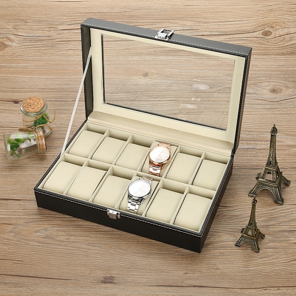 12 Fack PU Läder Klocka Display Fodral Förvaringslåda Organizer Klocka Smycken Display Box