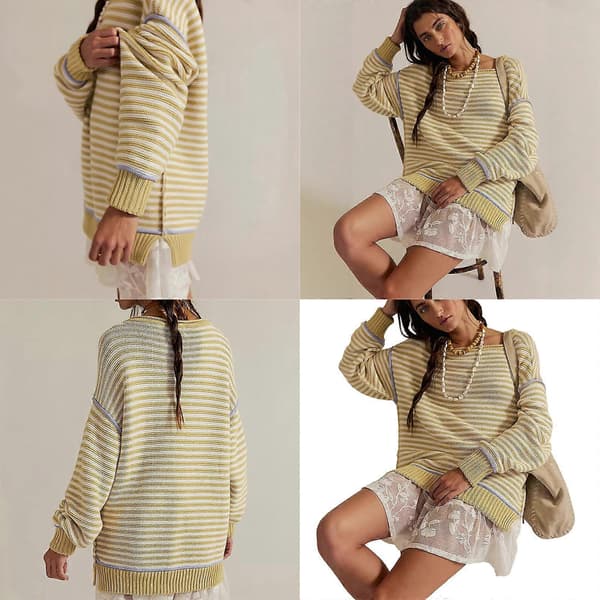 Dame Casual Langærmede Rundhalsede Trøjer Oversized Stribede Strikkede Vintertrøjer Løse Jumper Toppe Gaver Sort M Black M