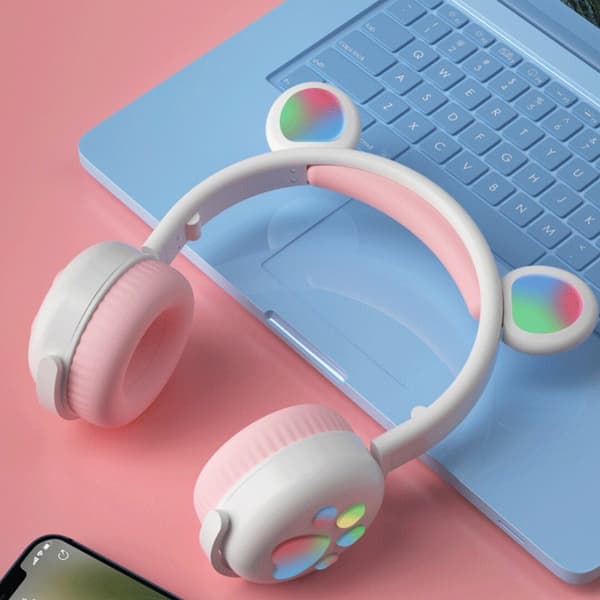 Yndige bjørneøreformede Bluetooth-hovedtelefoner, Over-ear Bluetooth-hovedtelefoner, søde bjørneører og poter, og LED trefarvede lys.