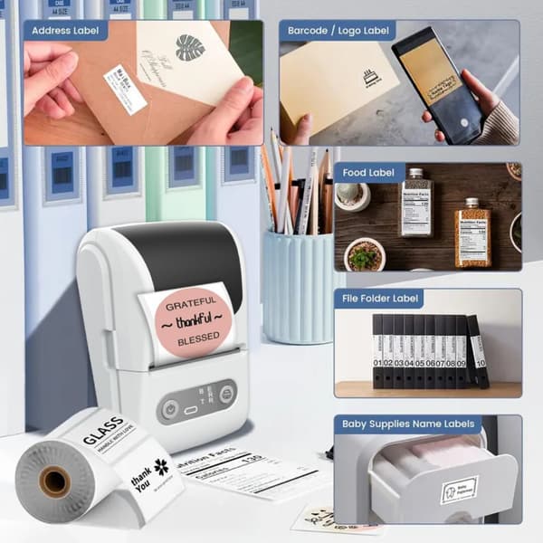 Bluetooth termisk printer, blækfri etiketprinter, bærbar mini lomme printer til hjemmet, hvid