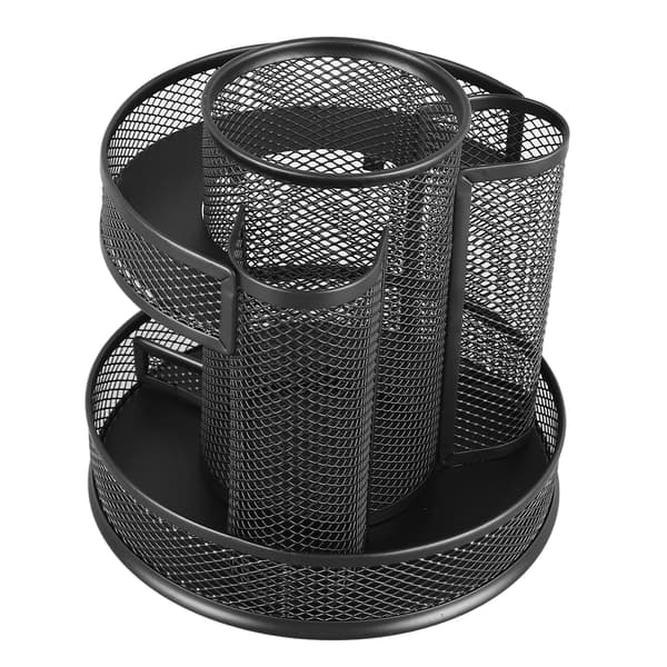 【03】Rotating Pen Holder Black Mesh 7 Compartments Strong Metal Rotating Desk Organizer for Home Office Dorm