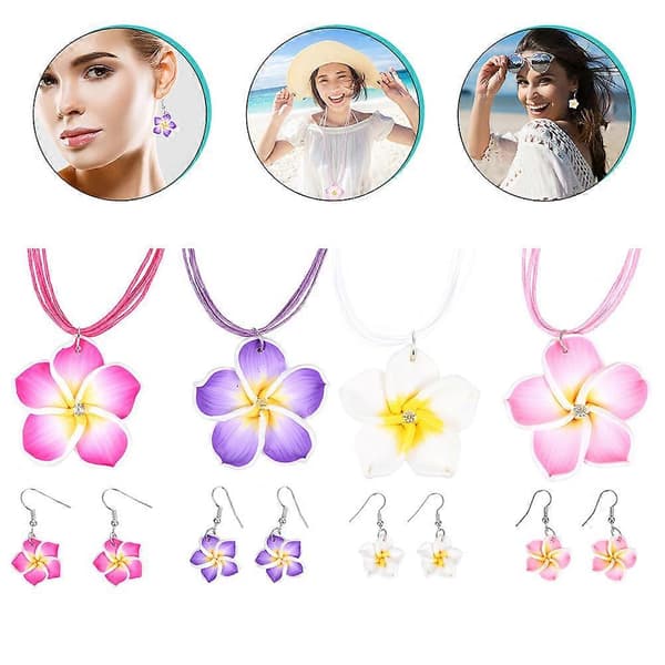 sæt hawaiiansk stil plumeria blomsterhalskæde, dingle øreringe, håndlavede lersmykker