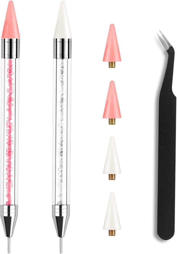 【03】Rhinestone Applicator with 2 Acrylic Handles, Double Head, DIY Nail Art Tool with 4 Extra Wax Tips and 1 Tweezer