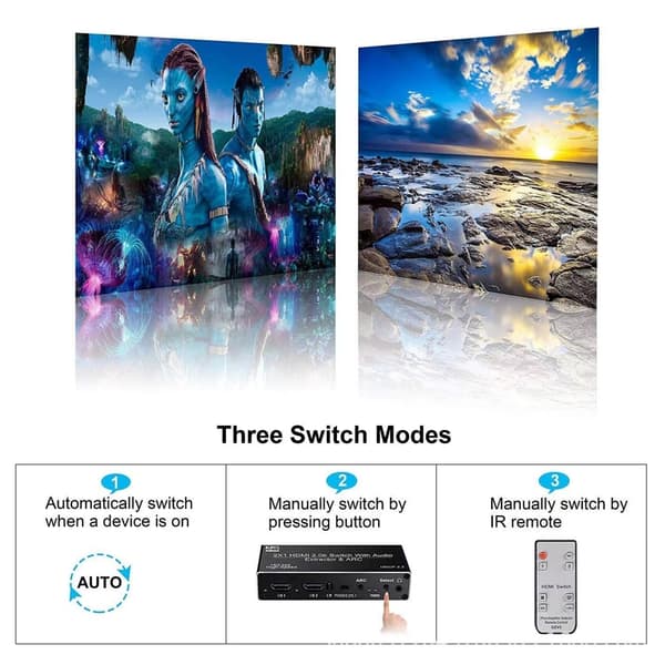 HDMI-switch 2 til 1 med Audio Extractor og ARC 4K 60hz SPDIF Coaxial RCA L/R og stereo