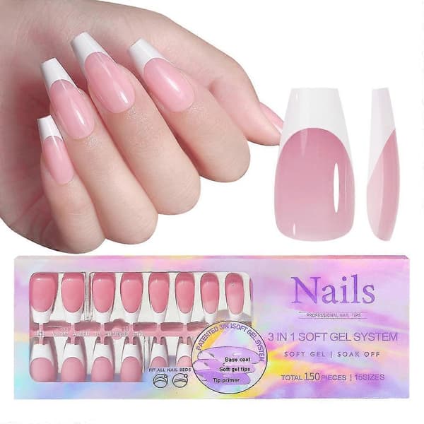 【03】Soft Gel Nail Tips, French Tip Press On Nails 14 Sizes 3 in 1 X Coat Tips with Pre-Applied Tip Primer & Base Coat