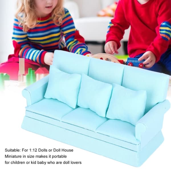 1:12 Dockhus Mini Soffa med 3 st Kuddar Vardagsrumsmöbler Trä Dockhus Dekorations Tillbehör Blå