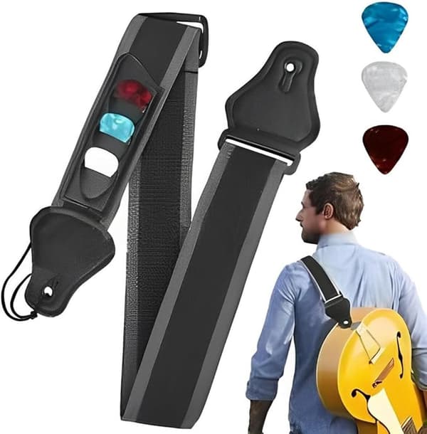 Gitarrband - Justerbart spänne - Gitarrband - för el- och akustiska gitarrer - med 3 plektrum - Svart - 130 cm