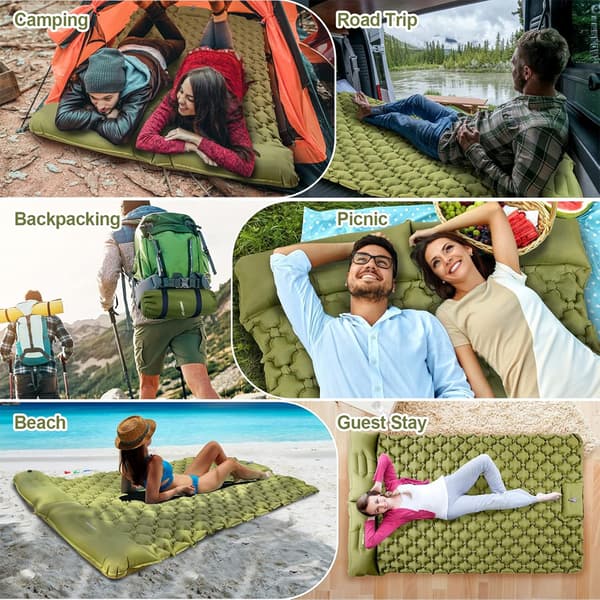 Double Portable Sleeping Pad for Camping, with Built-in Pillow and Foot Pump, Mat for Backpacking, Hiking, Tent, Camping Gray