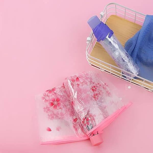 Paraply - Transparent Rejseparaply - Sammenfoldelig Manuel Paraply - Sakura Killing 3D Design - PVC Materiale