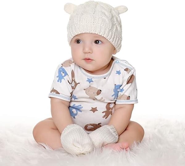 Baby Vintermössa & Handskset, Stickad Mjuk, Vit, Storlek M för 2-6 Månader