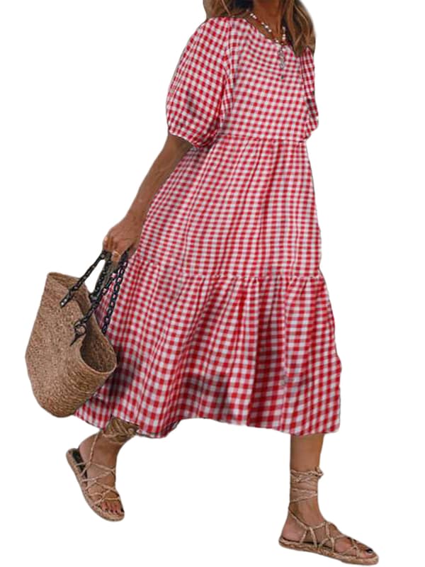 Dame sommerpledd Puffy kortermet midikjole_yu Red,S