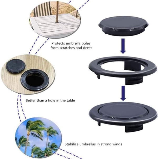 4 Havebord Parasol Hul Ring & Hætte Sæt - Plastik Prop Dækken, Reservedele - Sort - 65*10 mm