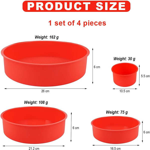 4-delt silikonebageformsæt - Runde non-stick forme - 4, 6, 8 og 10 tommer bageforme - Cheesecake, regnbuekage