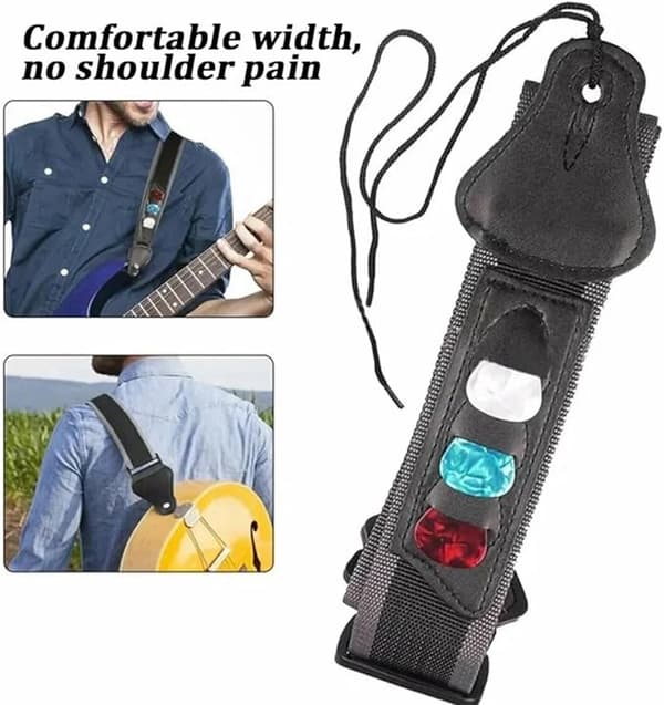 Gitarrband - Justerbart spänne - Gitarrband - för el- och akustiska gitarrer - med 3 plektrum - Svart - 130 cm