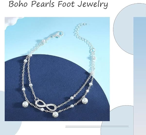 Boho Dobbeltlags Perlekæde Ankelkæde Infinity Vedhæng Legering Ankelarmbånd til Kvinder og Piger Sølv