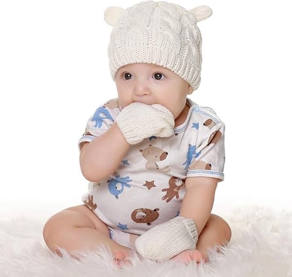 Baby Vintermössa & Handskset, Stickad Mjuk, Vit, Storlek M för 2-6 Månader
