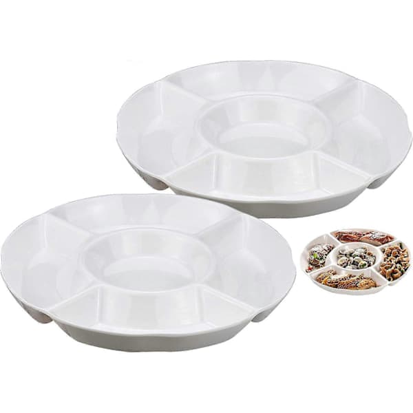 2-pack Snack Plate, 5-Compartment Plastic Plate for Fruit Snacks or Candy - 25 x 3 cm, White