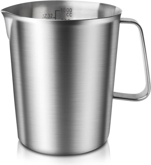 Målebeger, 1 liter, rustfritt stål, med helletut, for melk og latte, sølv