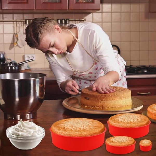 4-delt silikonebageformsæt - Runde non-stick forme - 4, 6, 8 og 10 tommer bageforme - Cheesecake, regnbuekage