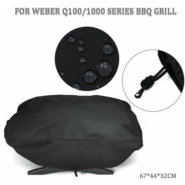 210D Grillovertræk til Weber Q1200 og 1000 Gasgrill, Vandtæt, UV-resistent, Bærbart Grillovertræk, Sort