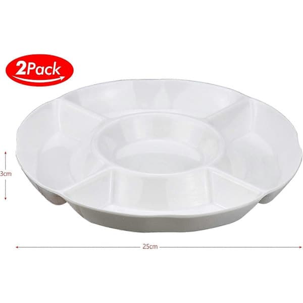2-pack Snack Plate, 5-Compartment Plastic Plate for Fruit Snacks or Candy - 25 x 3 cm, White
