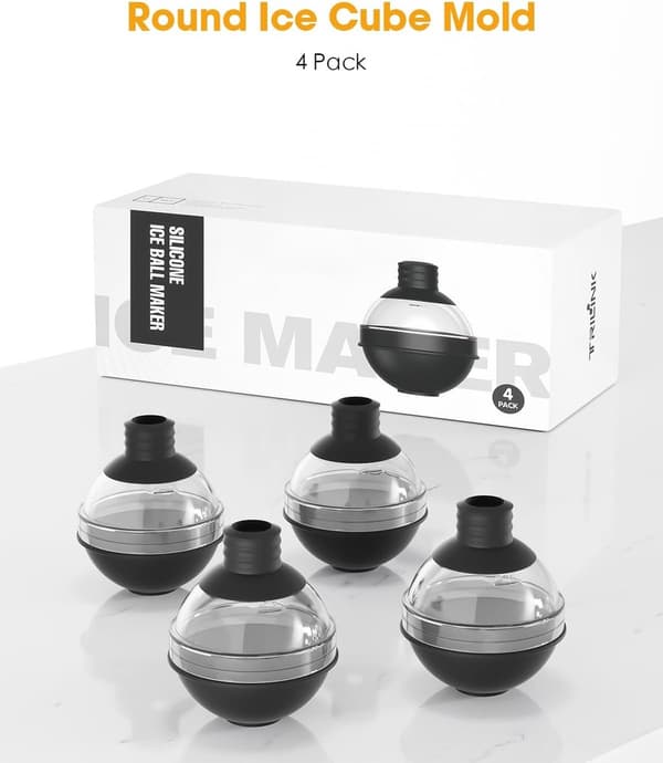 Stor Rund Silikonform för Isbitar, Whiskey Isbitsform - Set med 4 med 2-i-1 Trattlock - Enkel