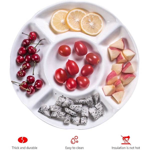 2-pack Snack Plate, 5-Compartment Plastic Plate for Fruit Snacks or Candy - 25 x 3 cm, White