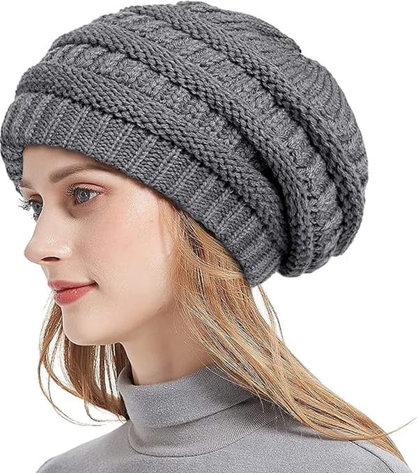 Stickad vintermössa för kvinnor, varm slouchy skidmössa med satin foder, mörkgrå, 52-60cm