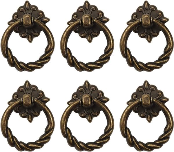 Vintage Bronze Drop Ring Knobs, 6 Pieces, Dresser Drawer Handles for Cabinet